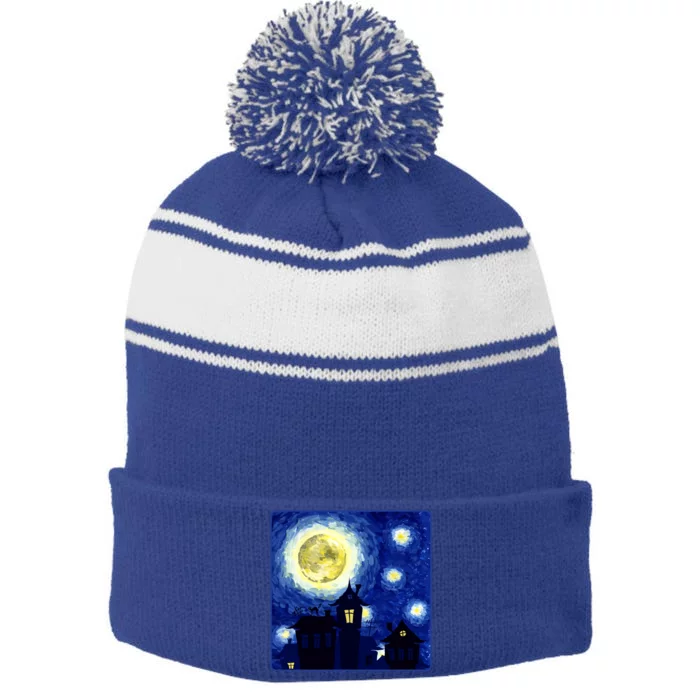 Halloween Nights, Starry Night Painting Stripe Pom Pom Beanie