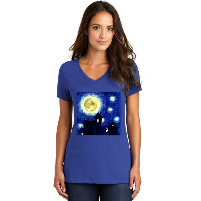 Halloween Nights, Starry Night Painting Women's V-Neck T-Shirt