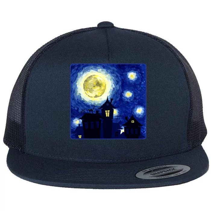 Halloween Nights, Starry Night Painting Flat Bill Trucker Hat