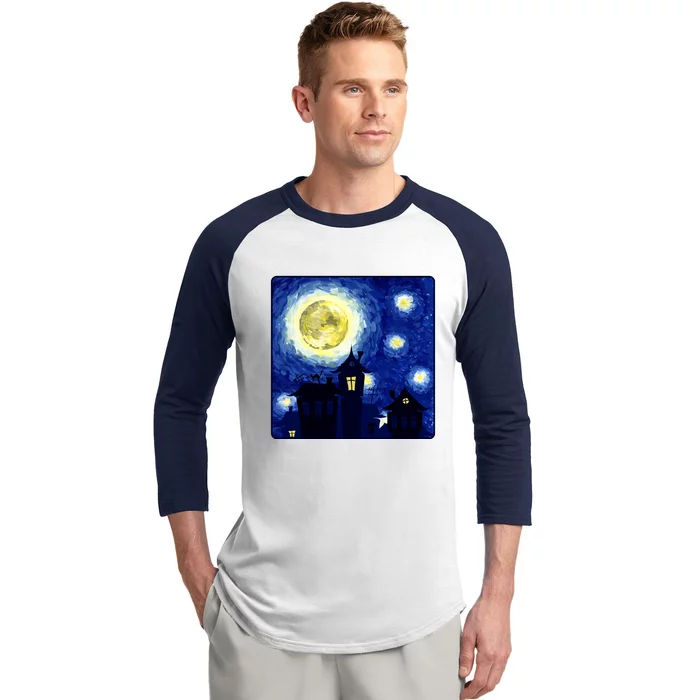 Halloween Nights, Starry Night Painting Baseball Sleeve Shirt