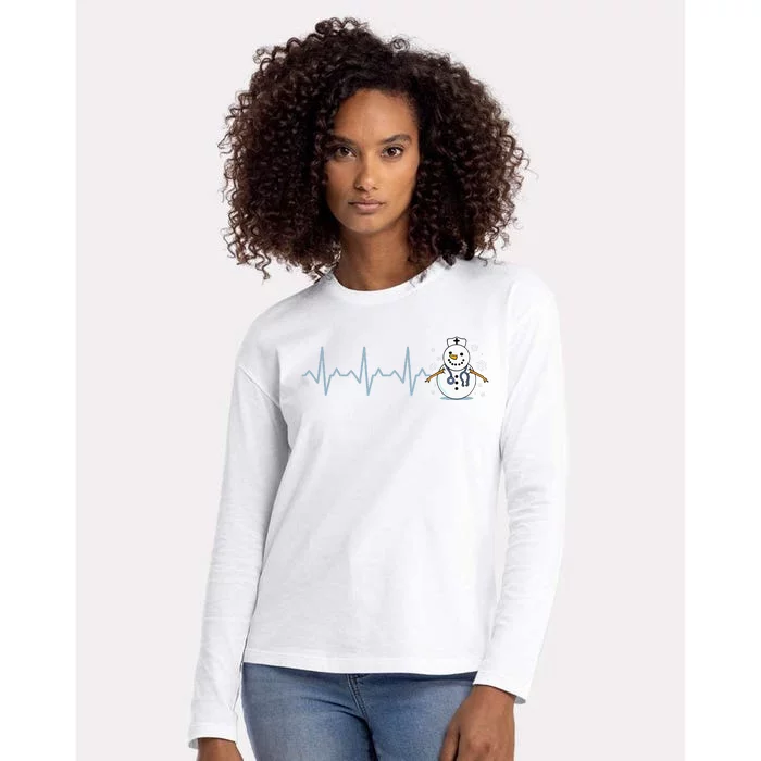 Heartbeat Nurse Snowman Nurse Christmas Womens Cotton Relaxed Long Sleeve T-Shirt