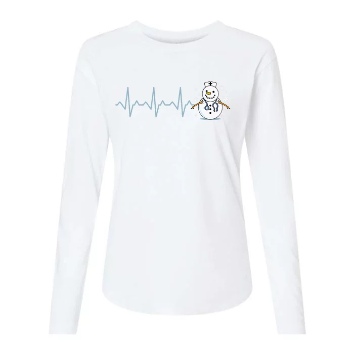 Heartbeat Nurse Snowman Nurse Christmas Womens Cotton Relaxed Long Sleeve T-Shirt