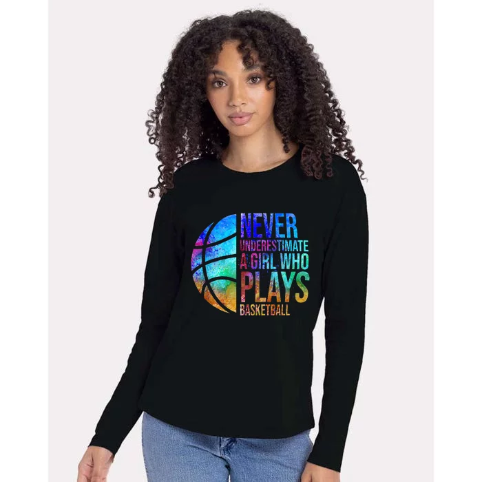 Hoops Never Underestimate A Who Plays Basketball. Womens Cotton Relaxed Long Sleeve T-Shirt