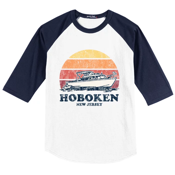 Hoboken Nj Vintage Boating 70s Retro Boat Design Gift Baseball Sleeve Shirt