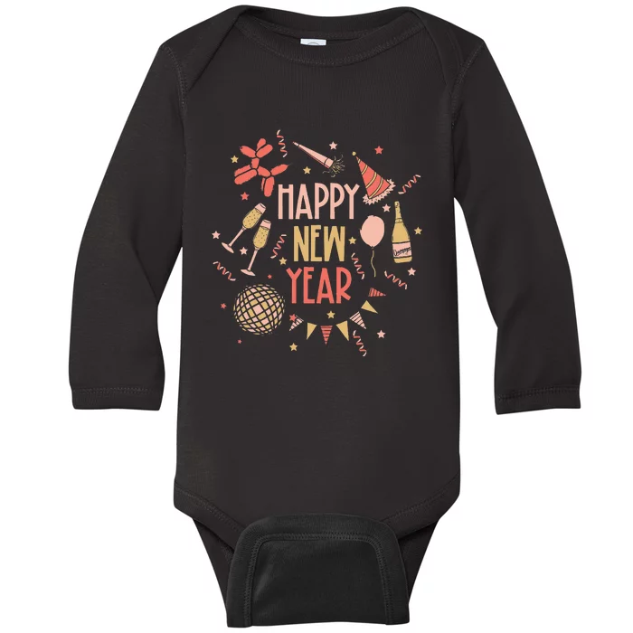 Happy New Year NYE Party 2024 Funny New Years Eve Confetti Baby Long Sleeve Bodysuit