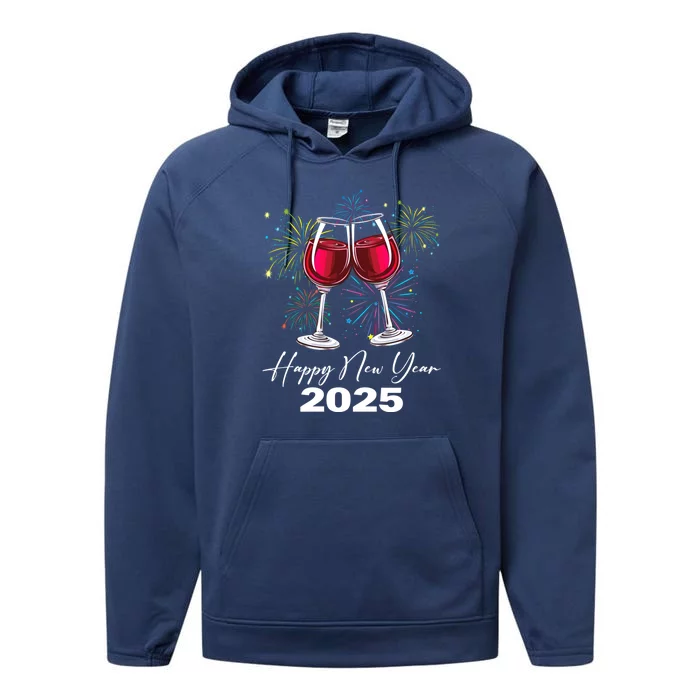 Happy New Year 2025 Wine Glass Fireworks New Years Eve Party Gift Performance Fleece Hoodie