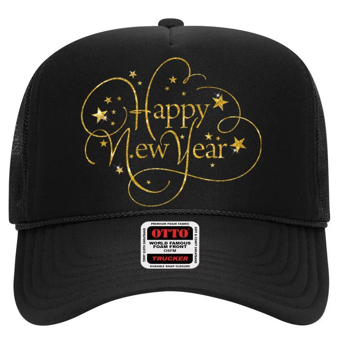 Happy New Years Golden Logo High Crown Mesh Trucker Hat