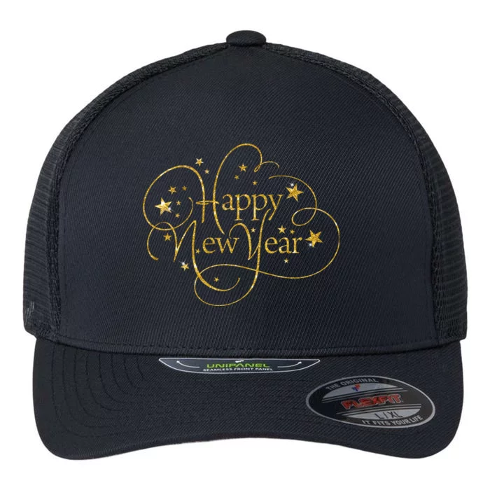 Happy New Years Golden Logo Flexfit Unipanel Trucker Cap