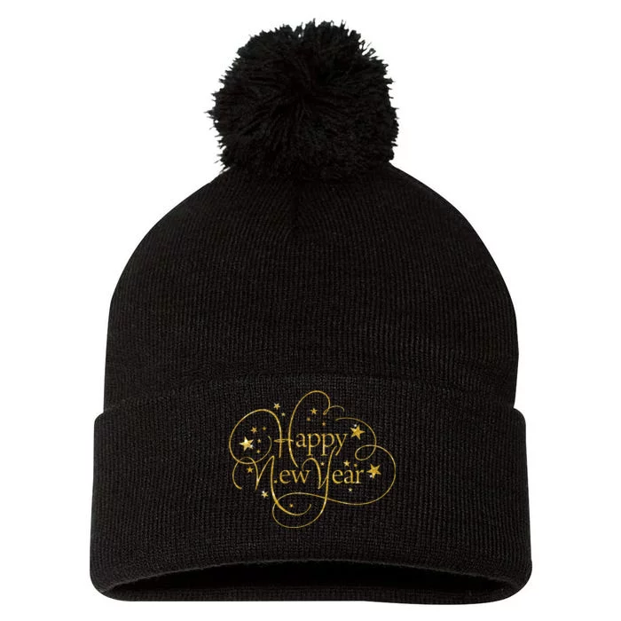 Happy New Years Golden Logo Pom Pom 12in Knit Beanie