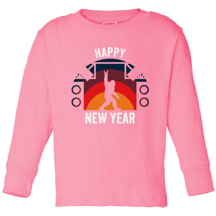 Happy New Year Funny Retro Rock And Roll Bigfoot Toddler Long Sleeve Shirt