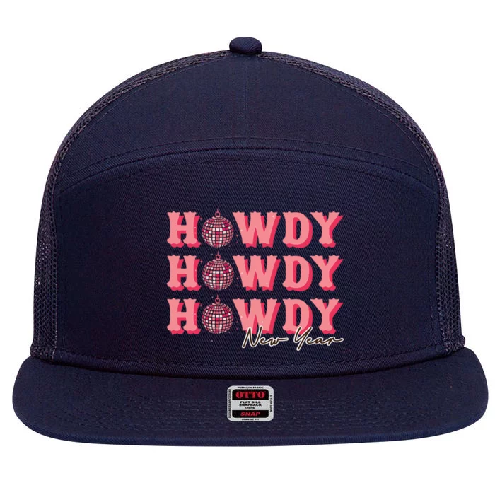 Howdy New Year Disco Balls Pink Retro Western Hello 2024 Gift 7 Panel Mesh Trucker Snapback Hat