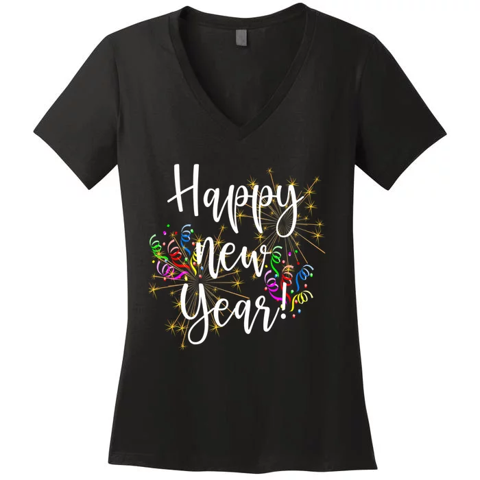 Happy New Year Day Eve Party Fireworks Confetti Costume Fun Long Sleeve TShirt Women's V-Neck T-Shirt