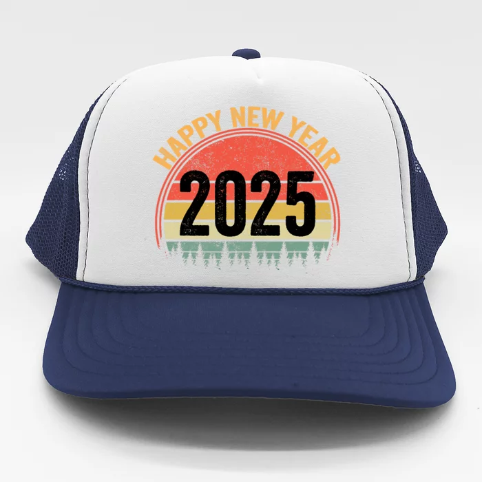 Happy New Year 2025 Gifts Distressed Retro Present Trucker Hat