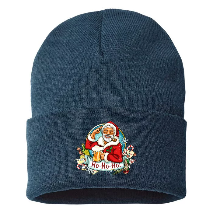 Ho-Ho-Ho Drinking Smoking Santa Claus Christmas Sustainable Knit Beanie