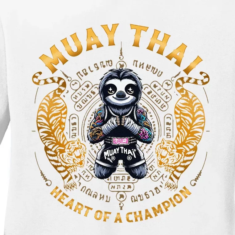 Heart Of A Champion Kickboxing And Muay Thai Cute Sloth Ladies Long Sleeve Shirt