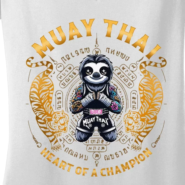 Heart Of A Champion Kickboxing And Muay Thai Cute Sloth Women's V-Neck T-Shirt