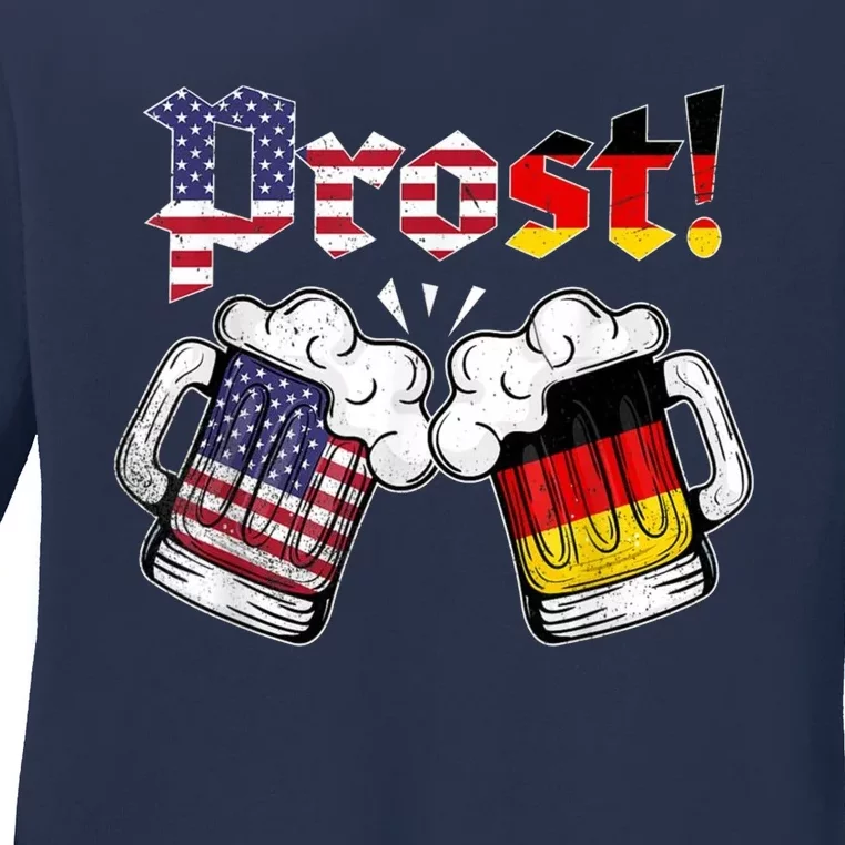 Happy Oktoberfest American German Munich Flag Prost Ladies Long Sleeve Shirt