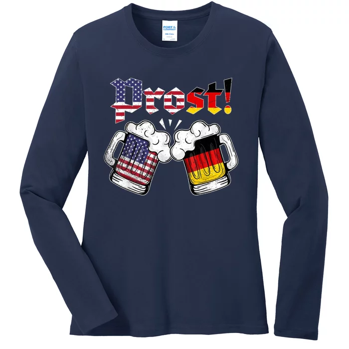 Happy Oktoberfest American German Munich Flag Prost Ladies Long Sleeve Shirt