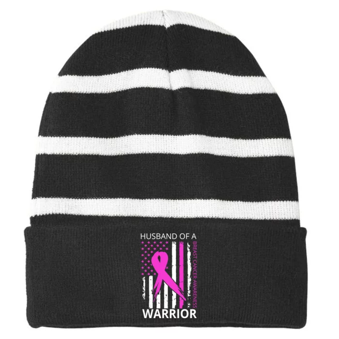 Husband Of A Warrior Breast Cancer Awareness Striped Beanie with Solid Band