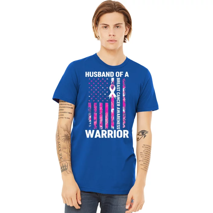 Husband Of A Warrior American Flag Breast Cancer Awareness Premium T-Shirt