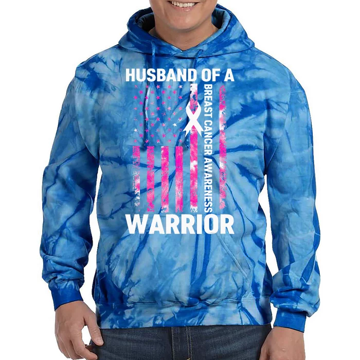 Husband Of A Warrior American Flag Breast Cancer Awareness Tie Dye Hoodie