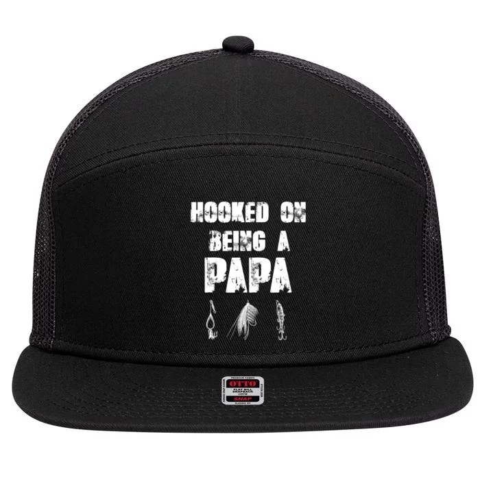 Hooked On Being A Papa Funny Fishing Gift 7 Panel Mesh Trucker Snapback Hat