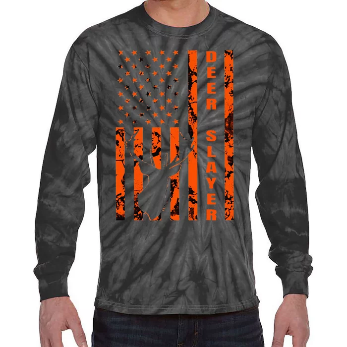 Hunter Orange Camo American Flag Deer Slayer Tie-Dye Long Sleeve Shirt