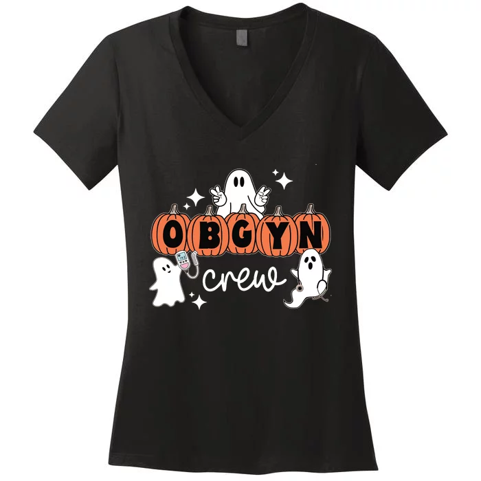 Halloween OBGYN Crew Ghost Obstetrics Nurse Squad Pumpkin Women's V-Neck T-Shirt