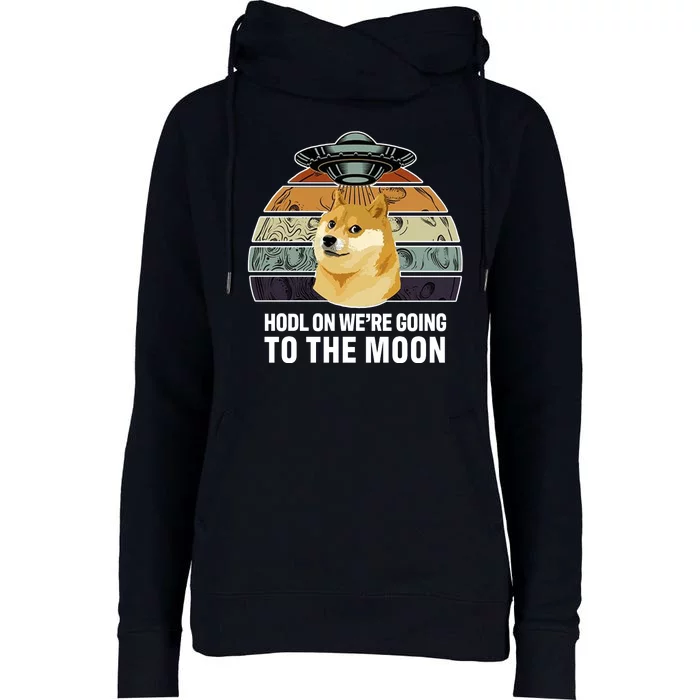 Hodl On We're Going To The Moon Retro Dogecoin Womens Funnel Neck Pullover Hood