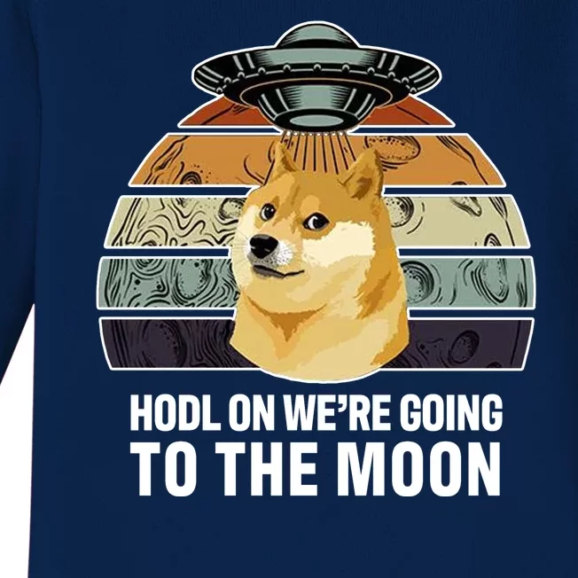 Hodl On We're Going To The Moon Retro Dogecoin Baby Long Sleeve Bodysuit