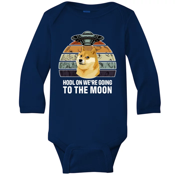 Hodl On We're Going To The Moon Retro Dogecoin Baby Long Sleeve Bodysuit