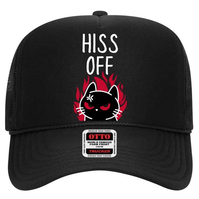 Hiss Off Funny Angry Black Cat Meow Cat High Crown Mesh Trucker Hat