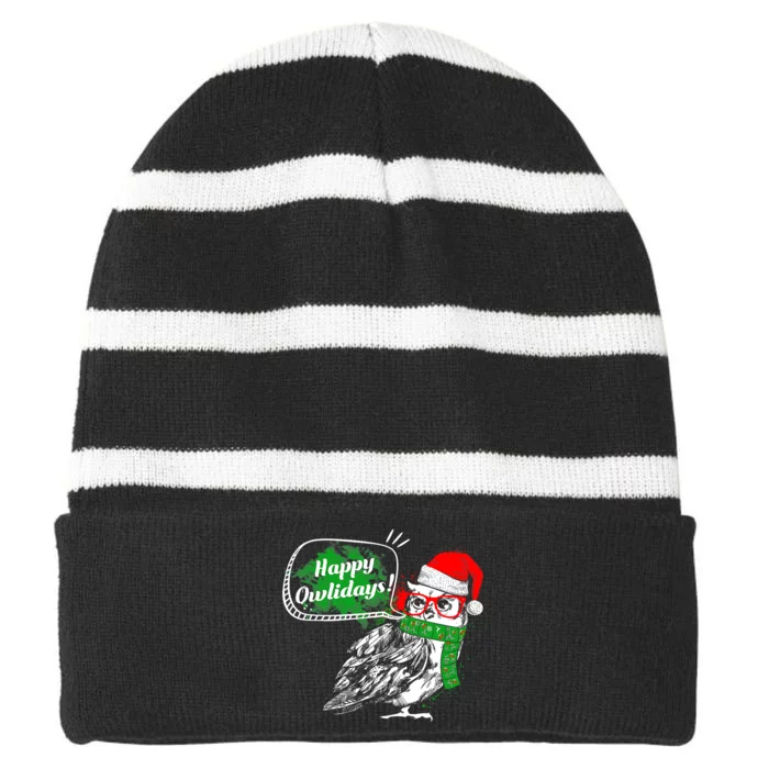 Happy Owlidays Funny Christmas Holidays Owl Lover Striped Beanie with Solid Band