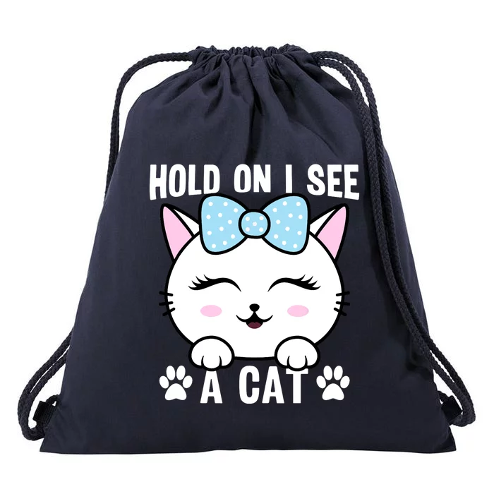 Hold On I See A Cat Funny Cat Lovers Kitten Sarcastic Saying Drawstring Bag