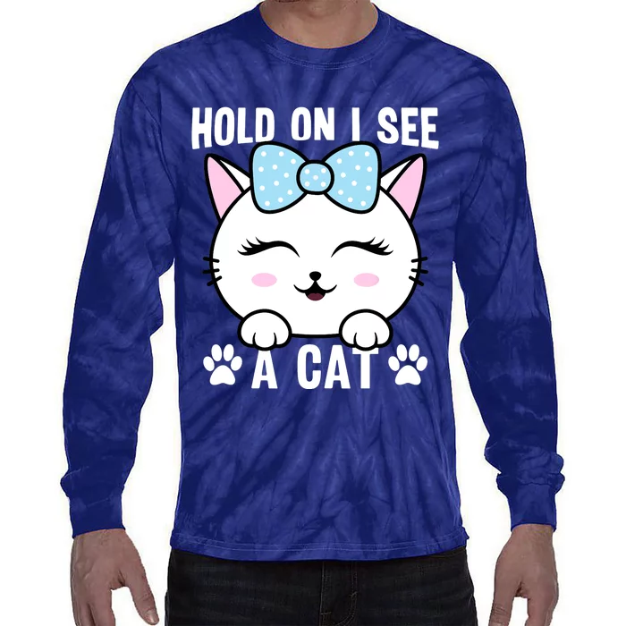 Hold On I See A Cat Funny Cat Lovers Kitten Sarcastic Saying Tie-Dye Long Sleeve Shirt