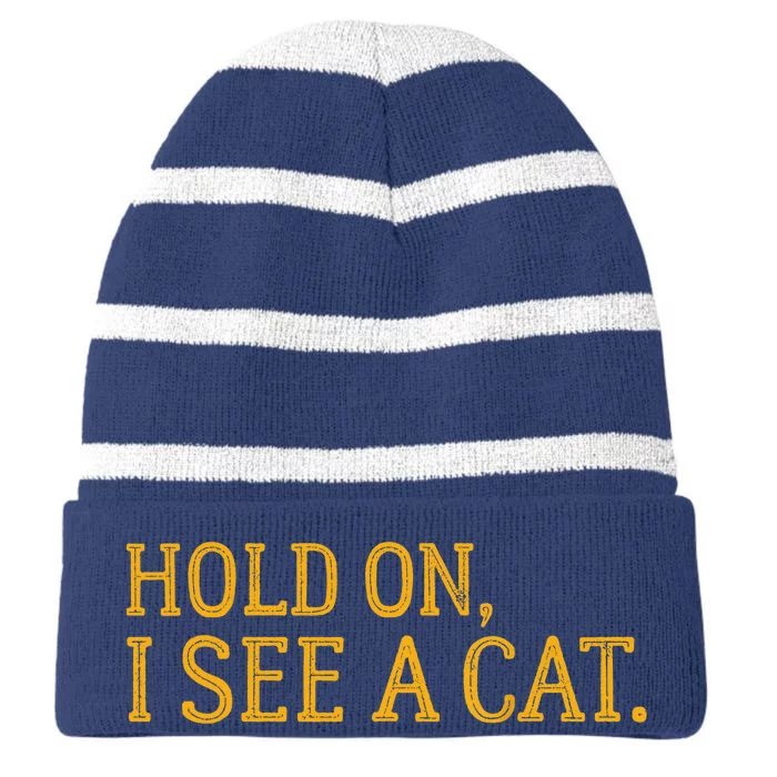 Hold On I See A Cat, Funny Cat Lovers Sarcastic Sayings Striped Beanie with Solid Band