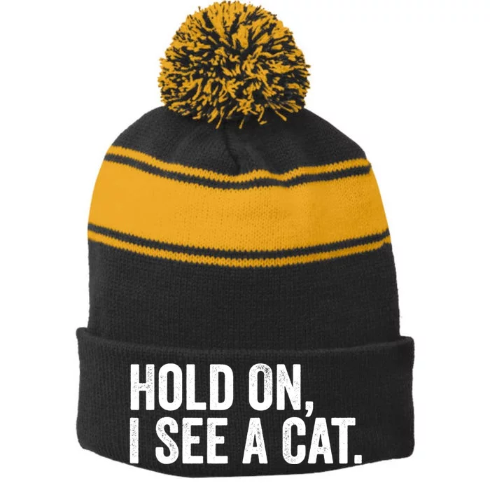 Hold On I See A Cat, Funny Cat Lovers Sarcastic Sayings Stripe Pom Pom Beanie