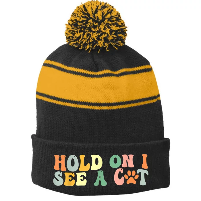 Hold On I See A Cat Funny Cat Lovers Sayings Valentines Day Stripe Pom Pom Beanie