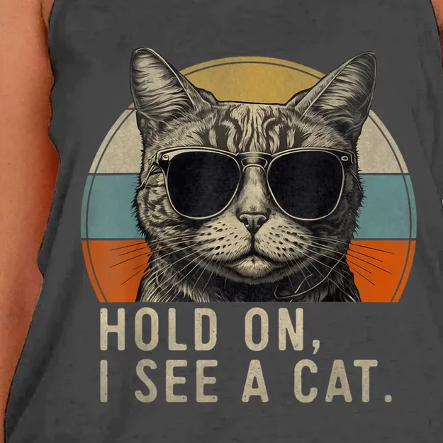 Hold On I See A Cat Funny Cat Shirts For Women , Cat Dad Women's Knotted Racerback Tank