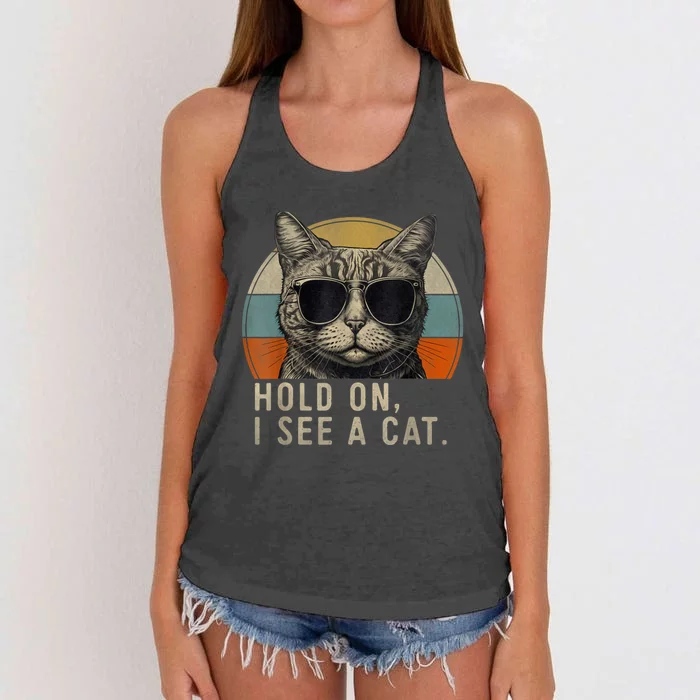 Hold On I See A Cat Funny Cat Shirts For Women , Cat Dad Women's Knotted Racerback Tank