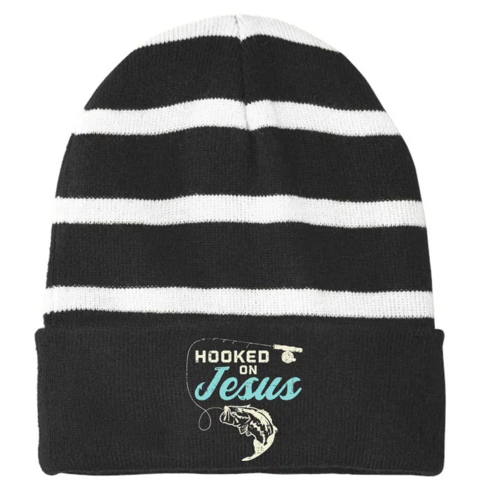 Hook On Jesus Bass Fishing Christian Religious God Gift Striped Beanie with Solid Band