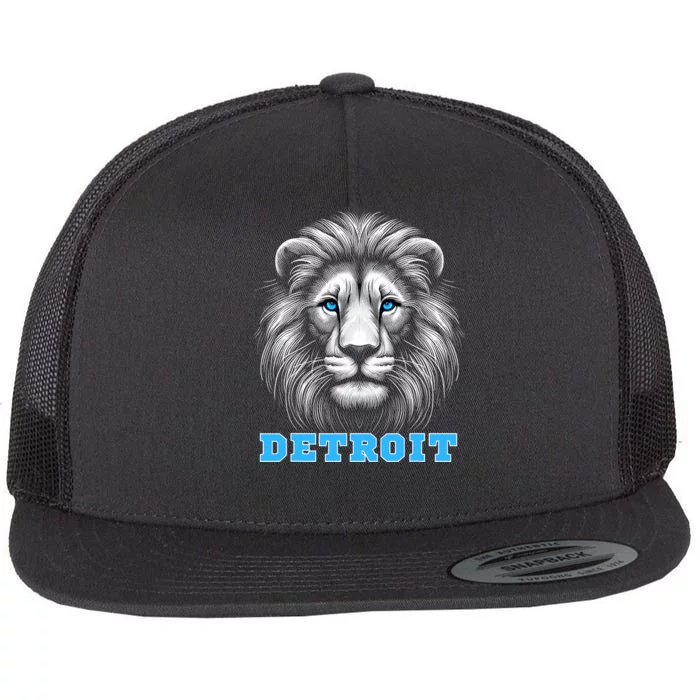 Head Of Lion With Blue Eyes Detroit Michigan Football Fan Flat Bill Trucker Hat