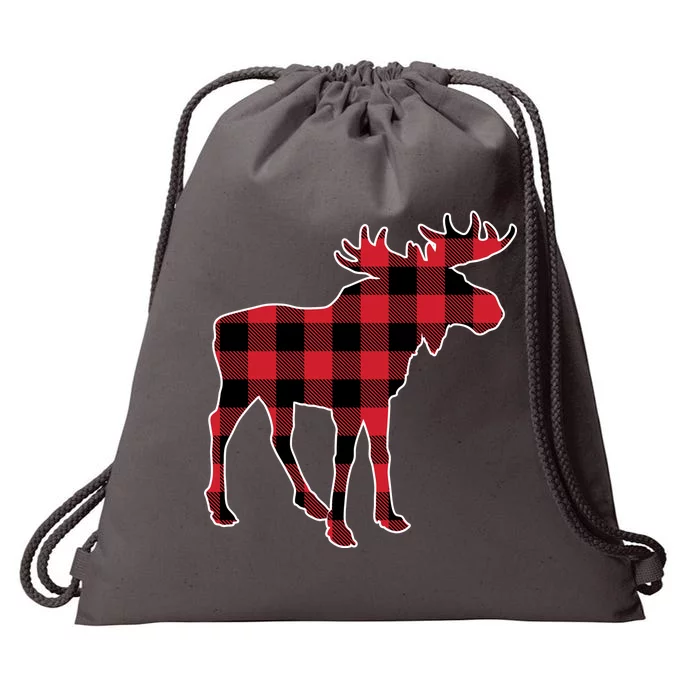 Holiday Plaid Moose Drawstring Bag