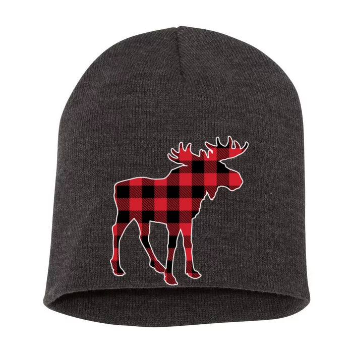 Holiday Plaid Moose Short Acrylic Beanie