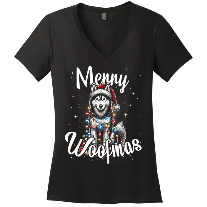 Husky Or Malamute Dog Merry Woofmas Christmas Lights Tank Top Women's V-Neck T-Shirt