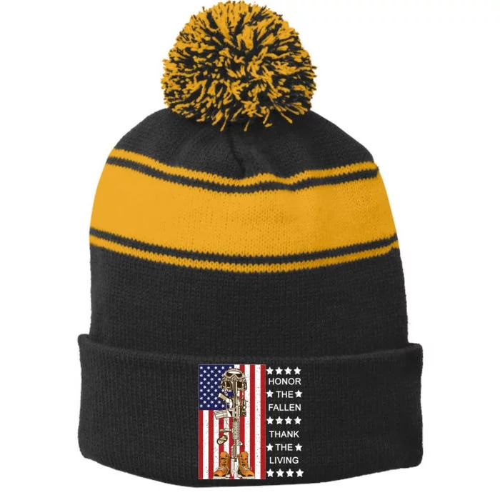 Honor The Fallen Thank The Living Memorial Day Veteran Stripe Pom Pom Beanie