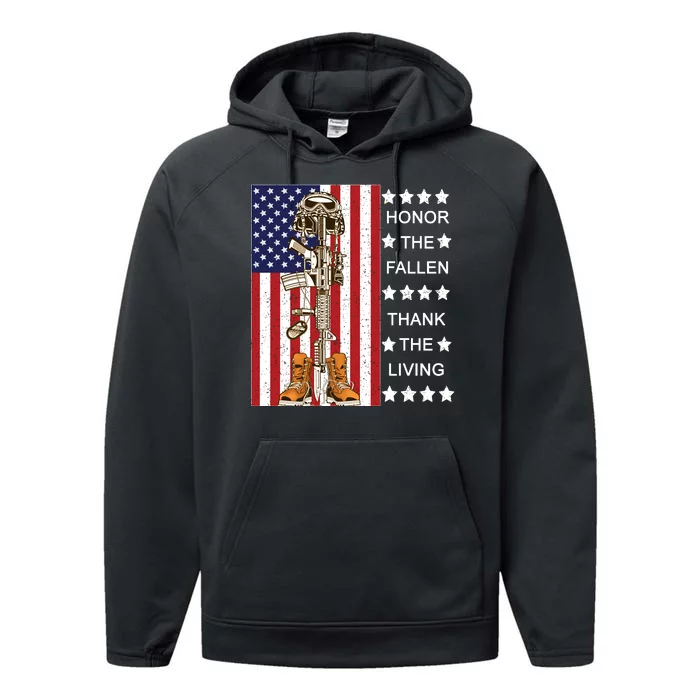 Honor The Fallen Thank The Living Memorial Day Veteran Performance Fleece Hoodie