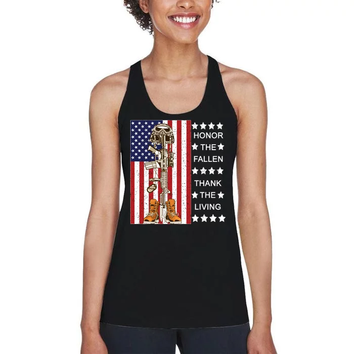 Honor The Fallen Thank The Living Memorial Day Veteran Women's Racerback Tank