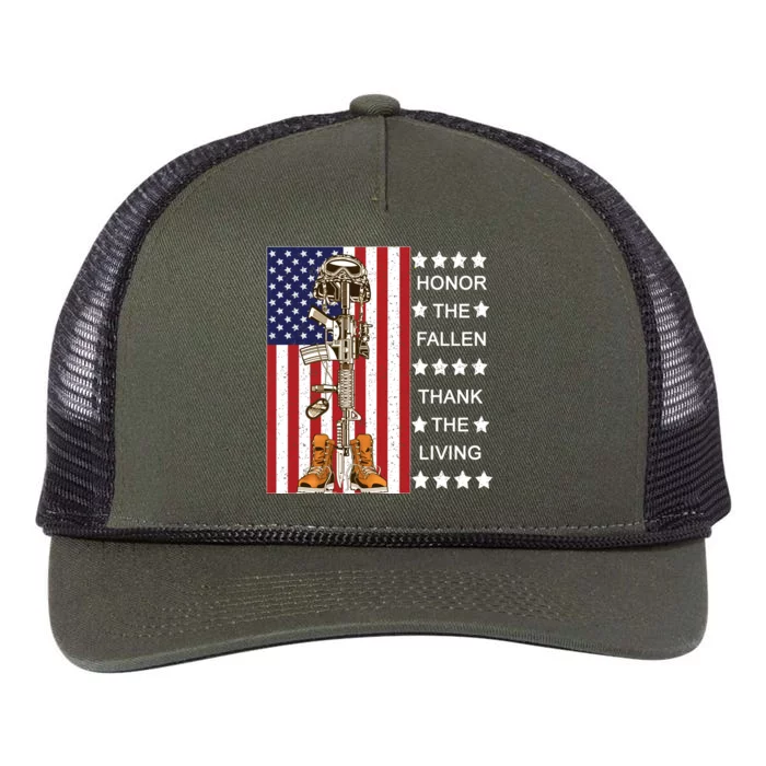 Honor The Fallen Thank The Living Memorial Day Veteran Retro Rope Trucker Hat Cap