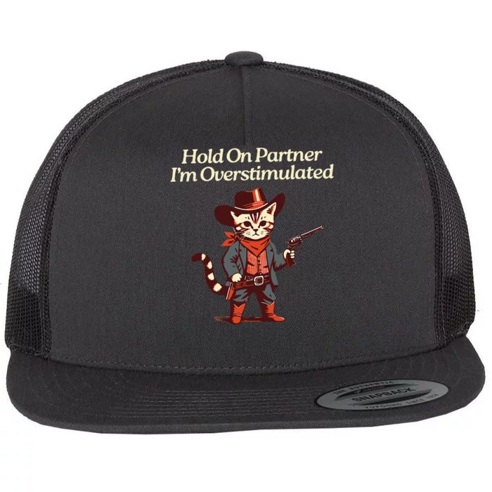 Hold On Partner IM Overstimulated Western Cat Cowboy Flat Bill Trucker Hat